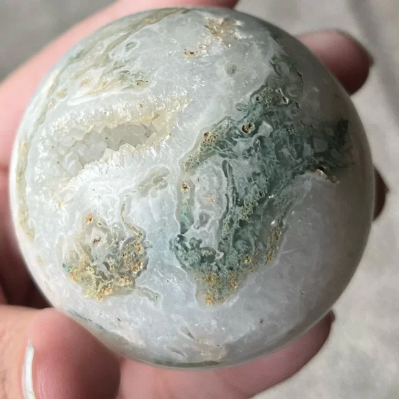Moss Agate Sphere w/ Heart-Shaped Druzy Pocket - Picture 10 of 17